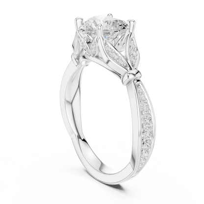 Back side view of white gold heart solitaire ring with floral milgrain pave band and lab-grown diamond – Australia