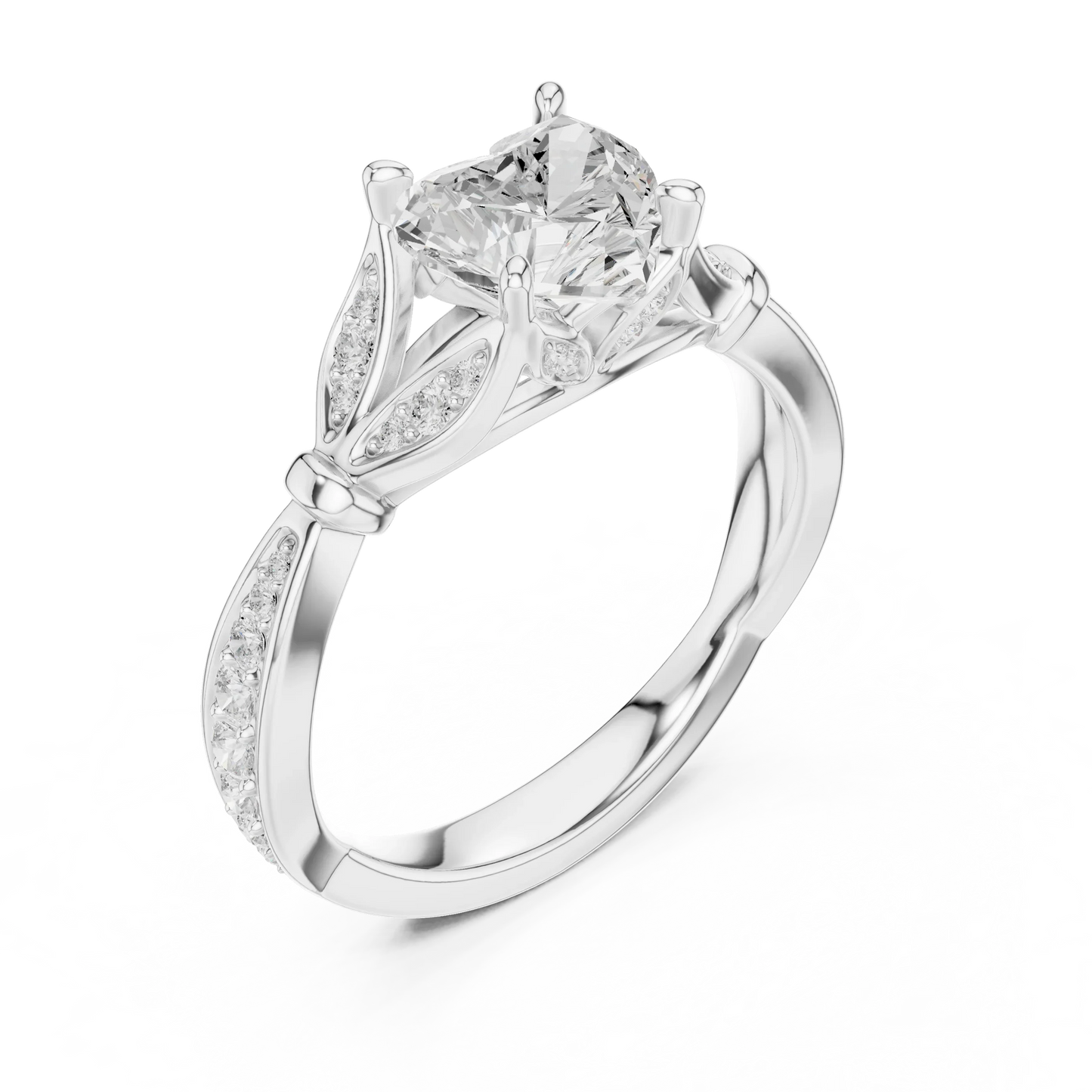 Front view of white gold heart solitaire ring with floral milgrain pave band and lab-grown diamond – Australia