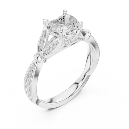 Front view of white gold heart solitaire ring with floral milgrain pave band and lab-grown diamond – Australia