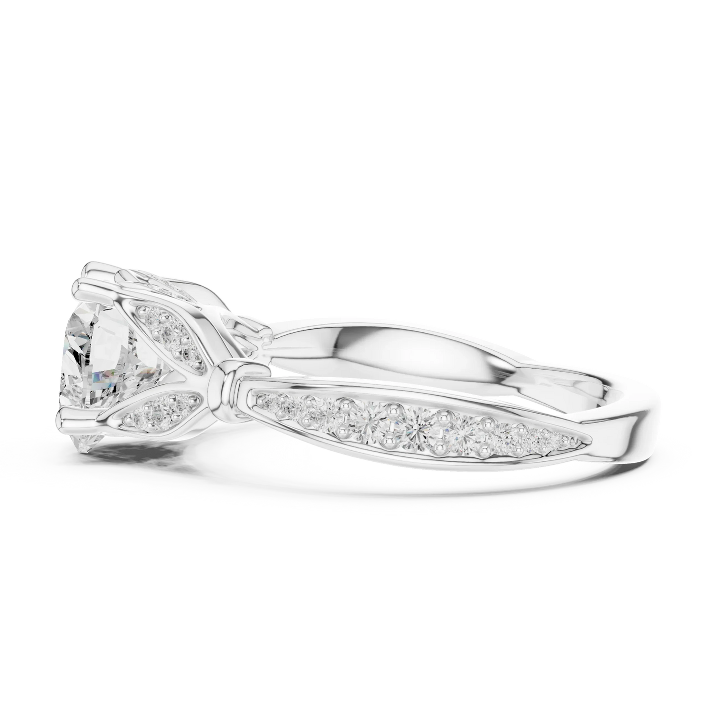 Side view of white gold heart solitaire ring with floral milgrain pave band and lab-grown diamond – Australia