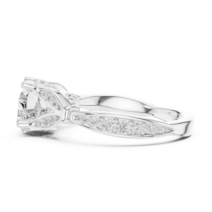 Side view of white gold heart solitaire ring with floral milgrain pave band and lab-grown diamond – Australia