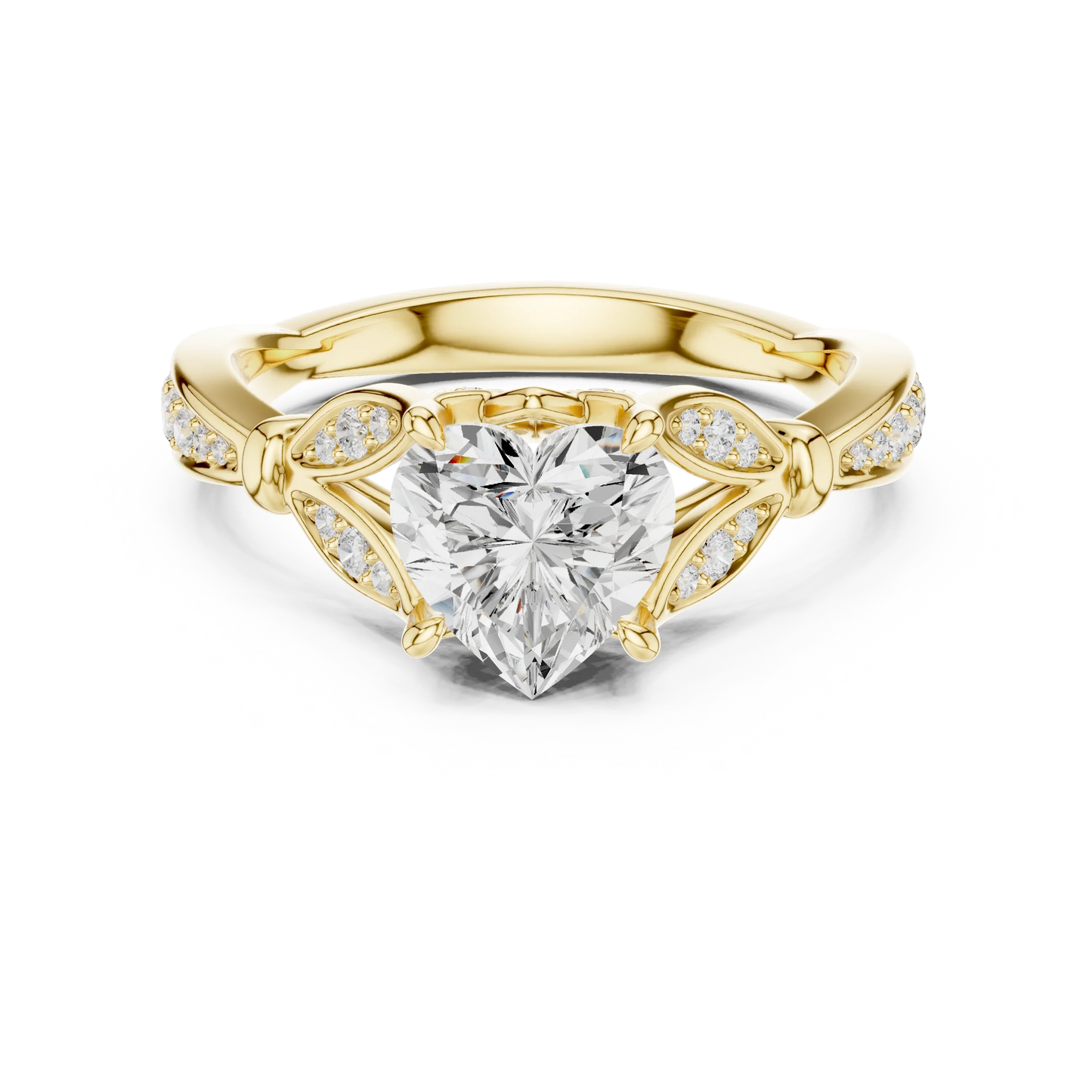 Heart solitaire ring in yellow gold with floral milgrain pave band and lab-grown diamond – Australia