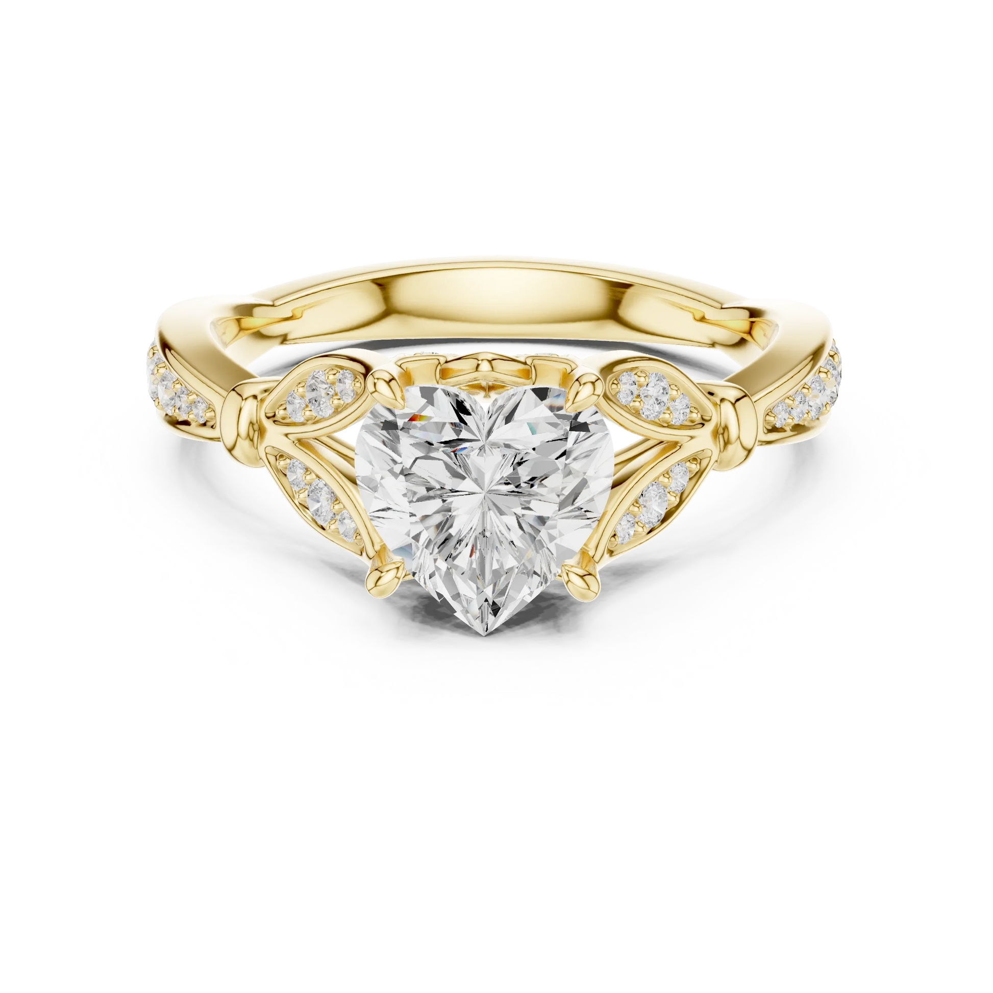 Heart solitaire ring in yellow gold with floral milgrain pave band and lab-grown diamond – Australia