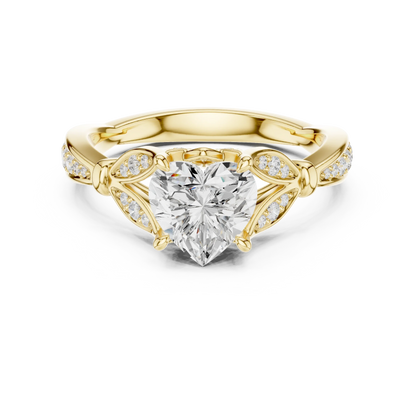 Heart solitaire ring in yellow gold with floral milgrain pave band and lab-grown diamond – Australia