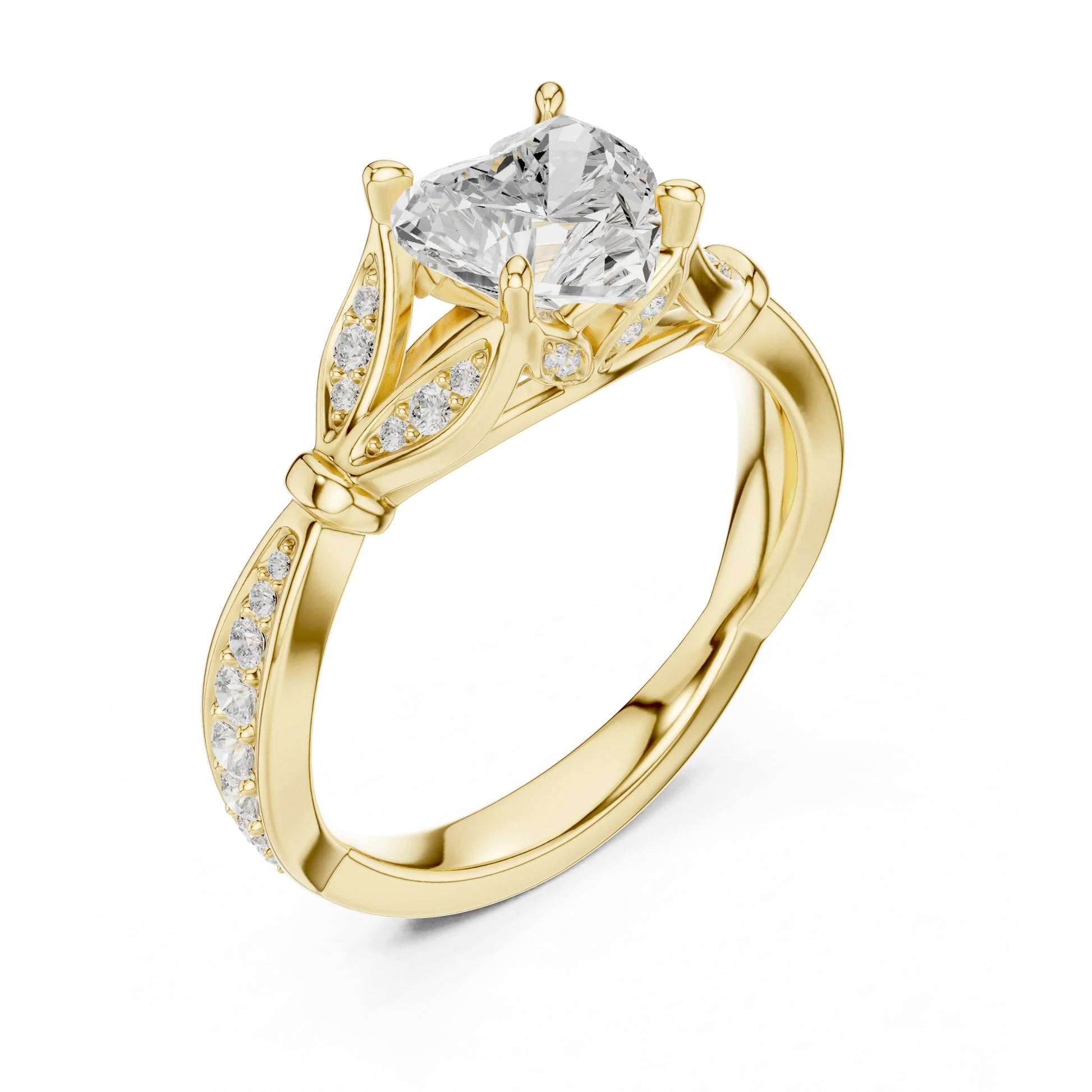Front view of yellow gold heart solitaire ring with floral milgrain pave band and lab-grown diamond – Australia