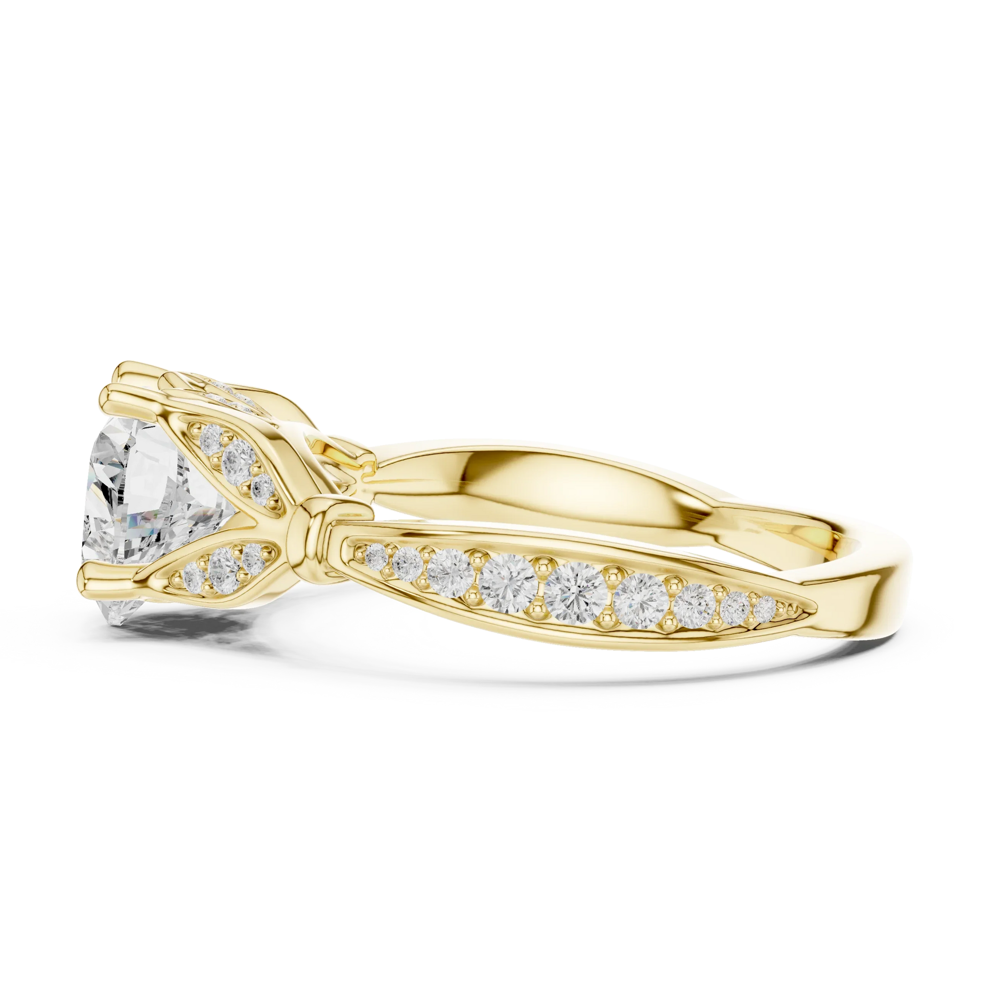 Side view of yellow gold heart solitaire ring with floral milgrain pave band and lab-grown diamond – Australia