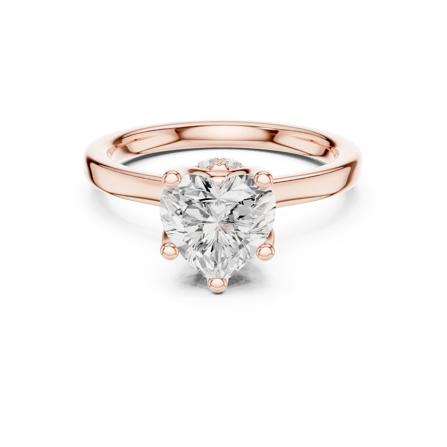 Rose gold heart cut solitaire ring with hidden halo and domed band featuring lab-grown diamond, modern romantic design