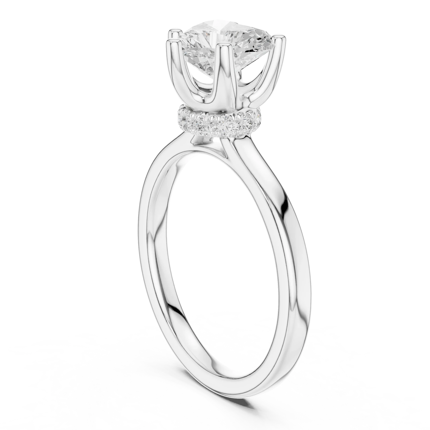 Back view of white gold heart cut solitaire ring showing hidden halo and domed band details
