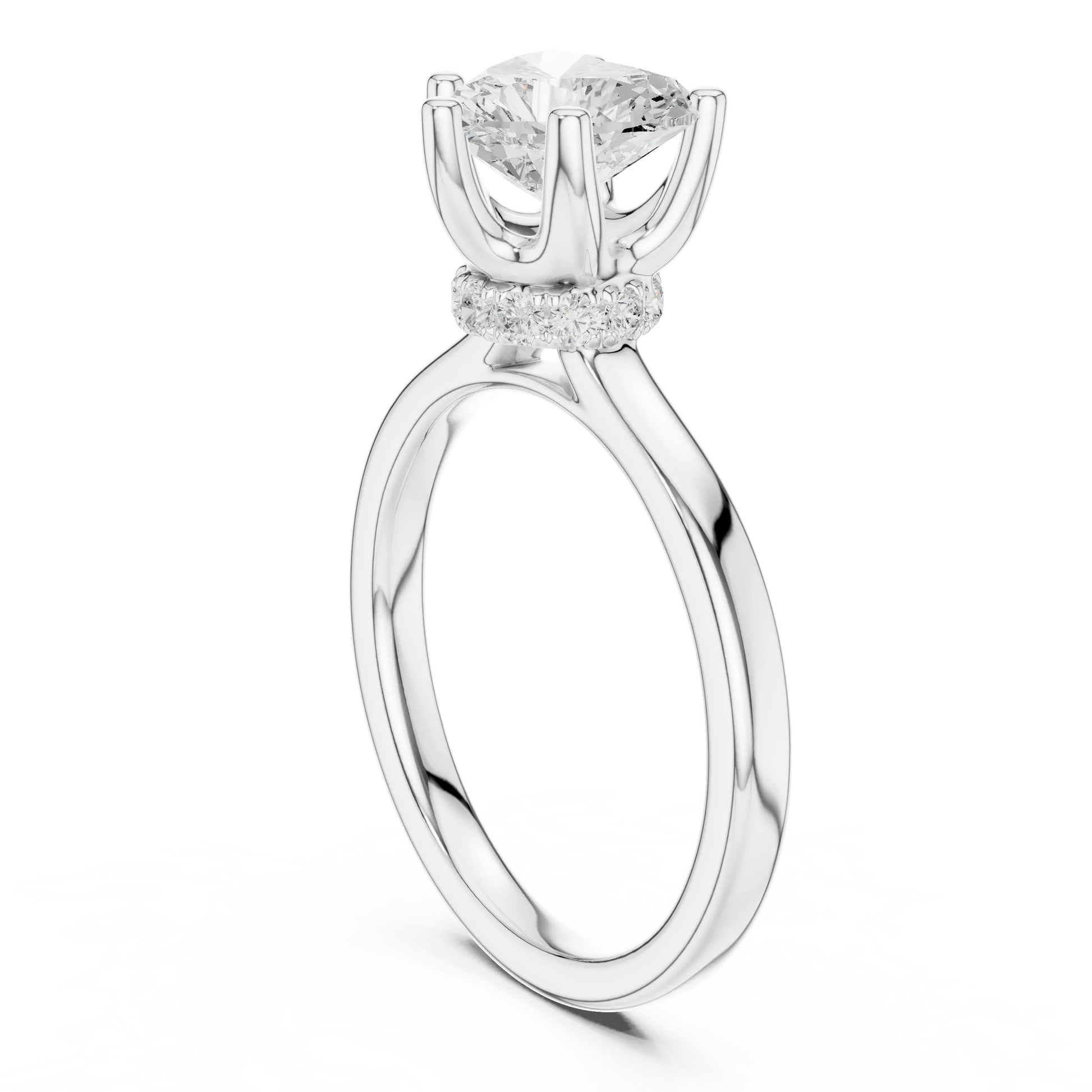 Back view of white gold heart cut solitaire ring showing hidden halo and domed band details