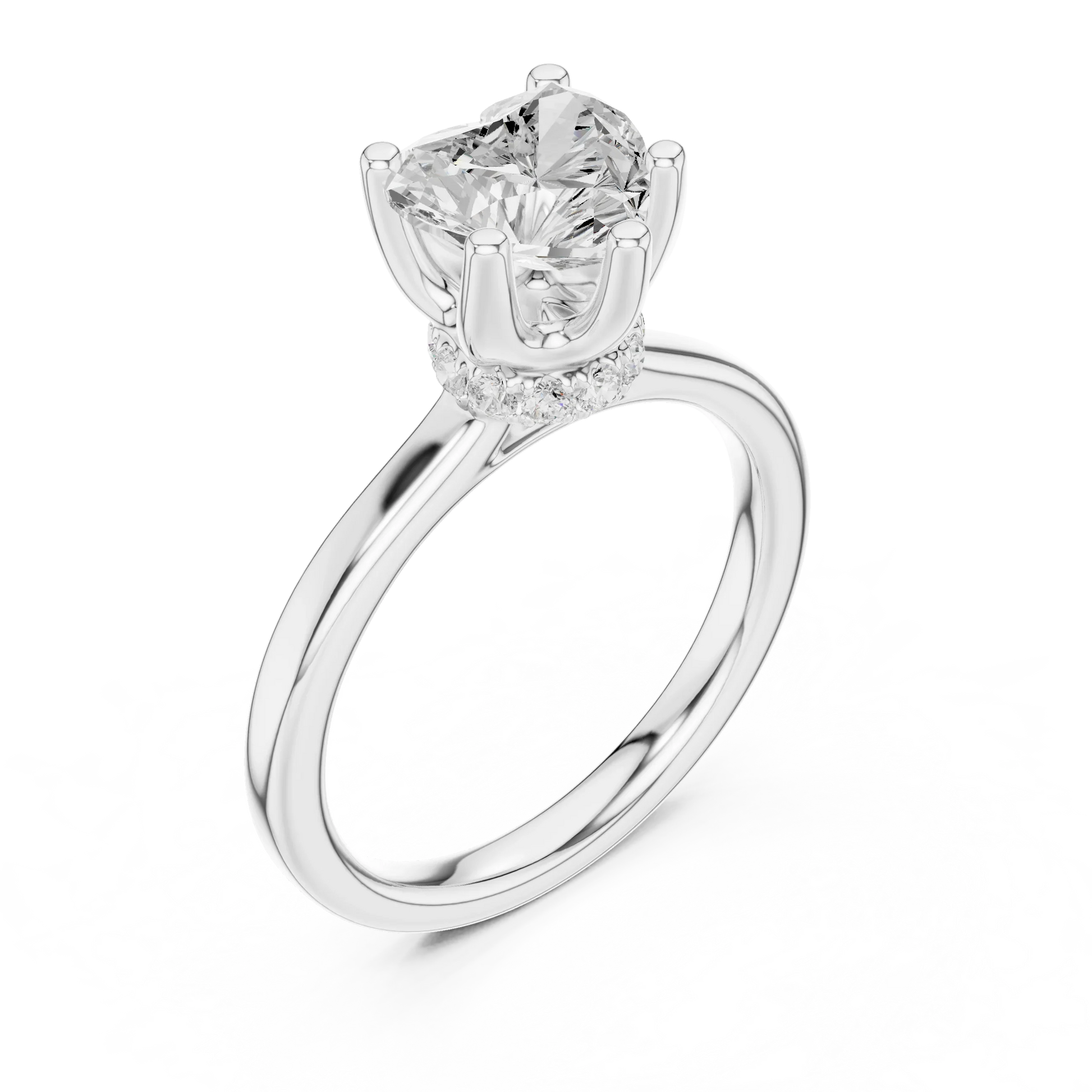 Front view of white gold heart cut solitaire ring with hidden halo and domed band and lab-created diamond