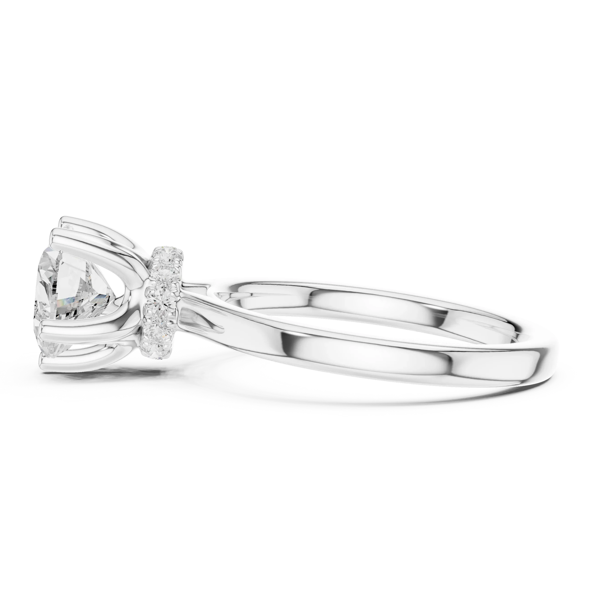 Side view of white gold heart cut solitaire ring highlighting hidden halo and domed band design