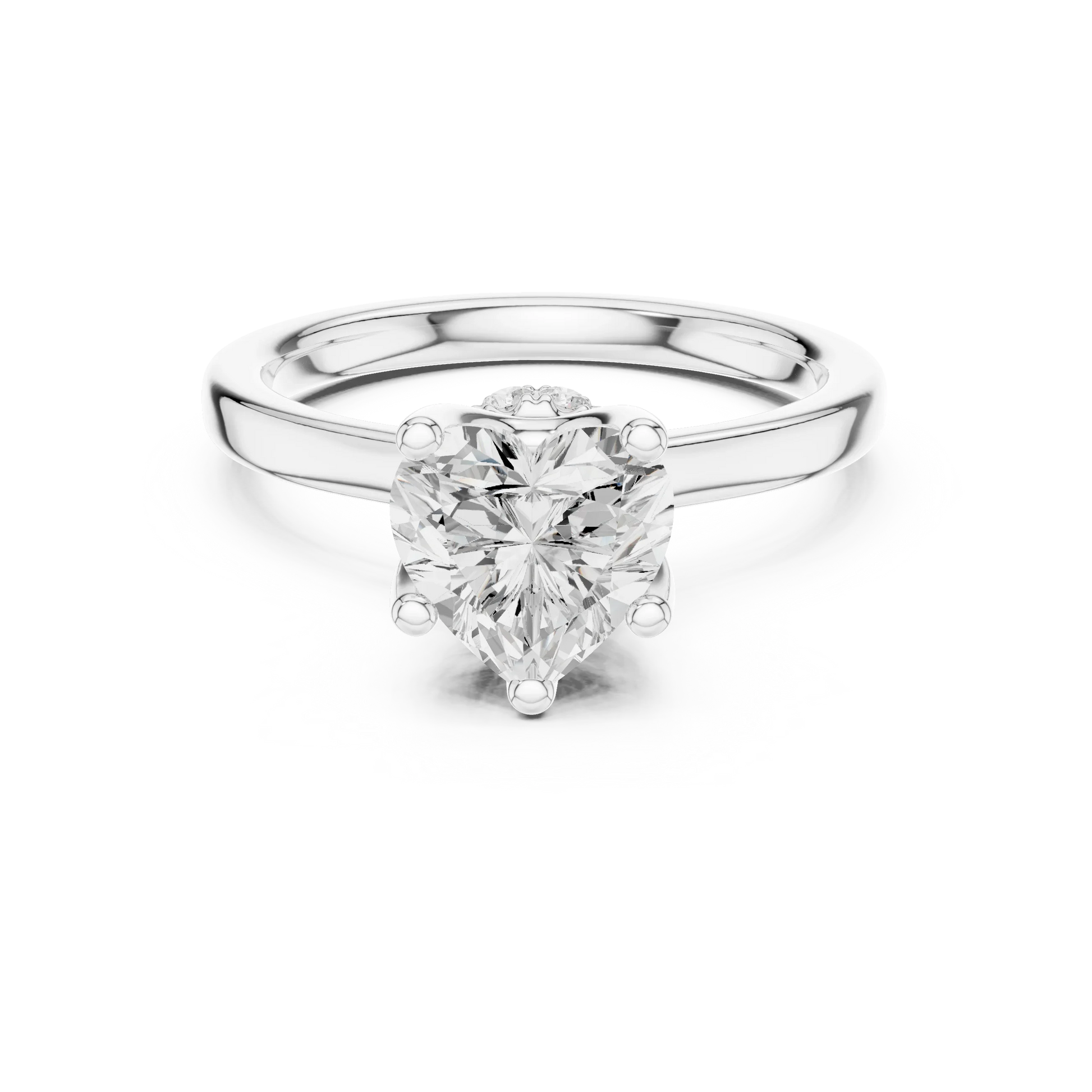 White gold heart cut solitaire ring with hidden halo and domed band featuring lab-grown diamond, elegant romantic design