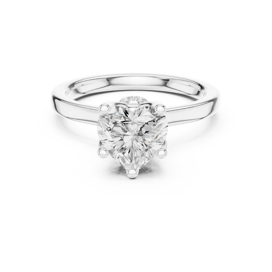 White gold heart cut solitaire ring with hidden halo and domed band featuring lab-grown diamond, elegant romantic design