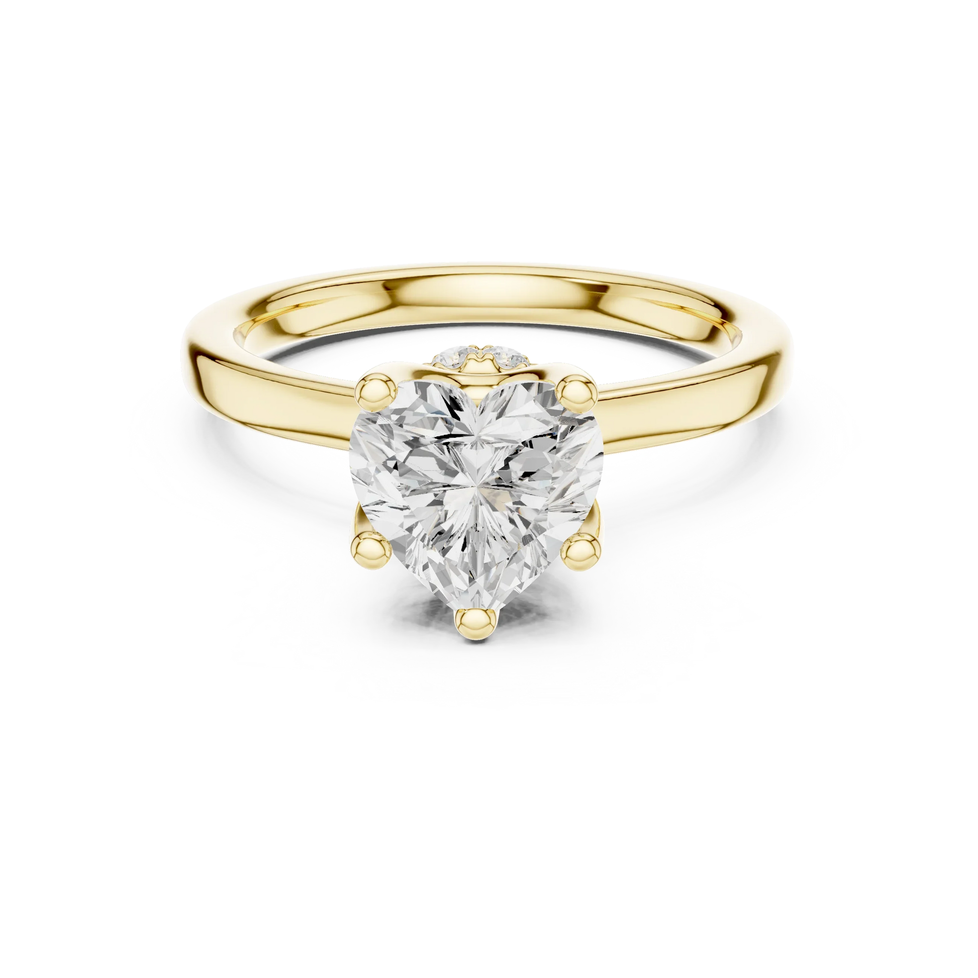 Yellow gold heart cut solitaire ring with hidden halo and domed band featuring lab-grown diamond, classic romantic style