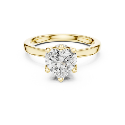Yellow gold heart cut solitaire ring with hidden halo and domed band featuring lab-grown diamond, classic romantic style