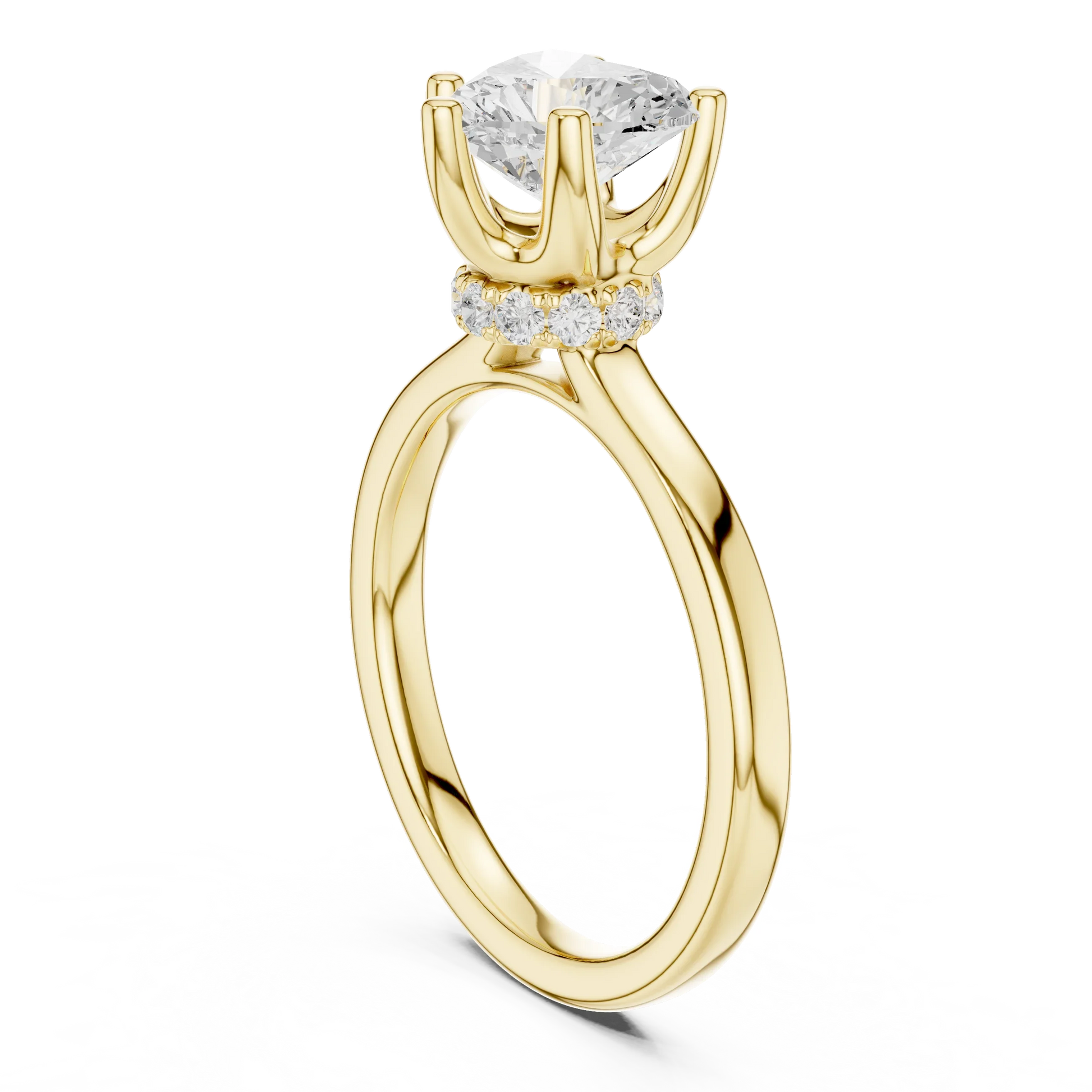 Back view of yellow gold heart cut solitaire ring showing hidden halo and domed band details