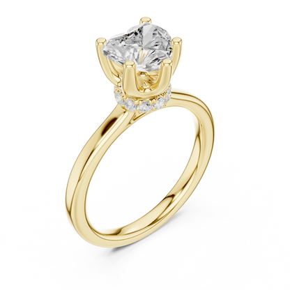 Front view of yellow gold heart cut solitaire ring with hidden halo and domed band and lab-created diamond