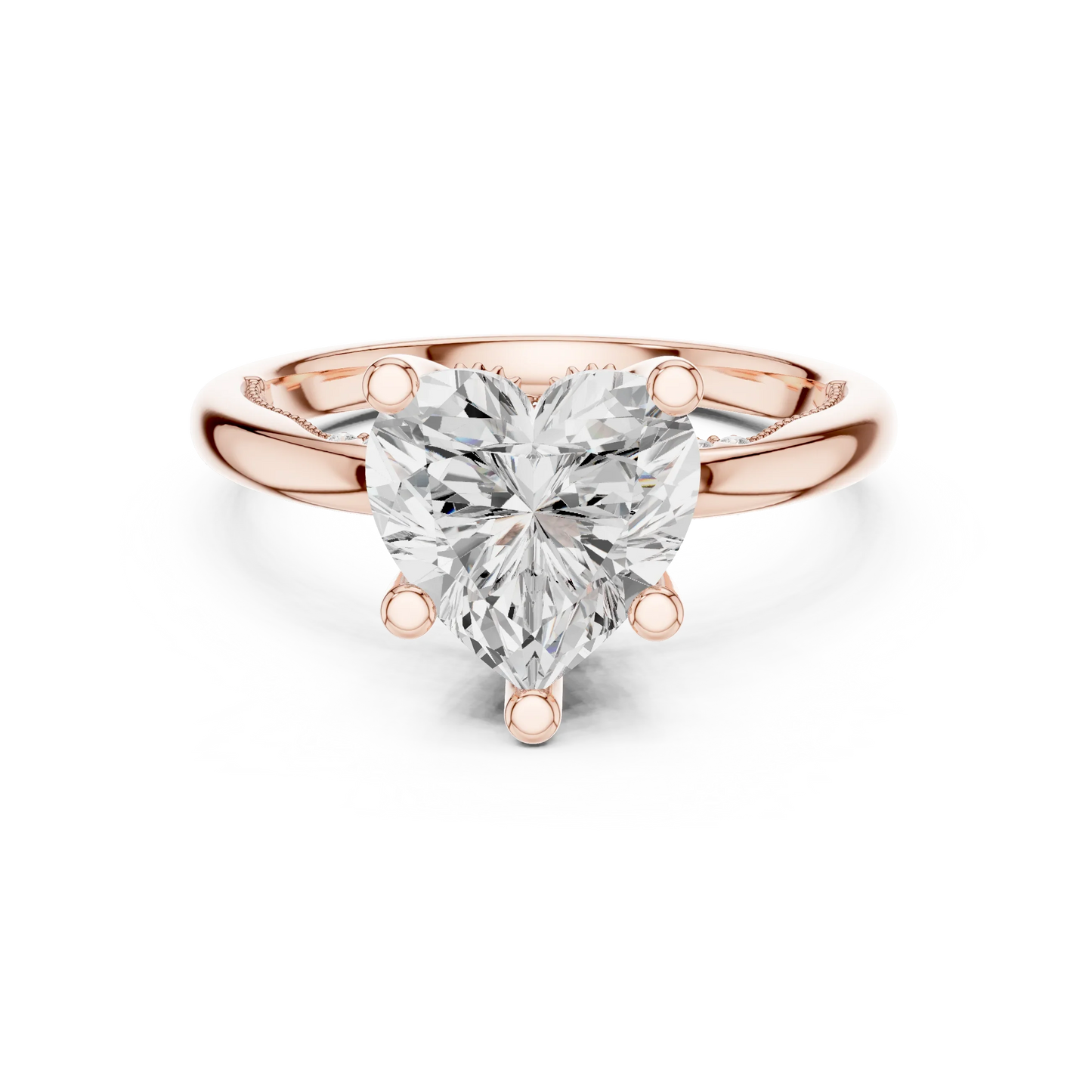 Rose gold heart cut solitaire ring with hidden halo and domed band featuring lab-grown diamond, modern romantic design