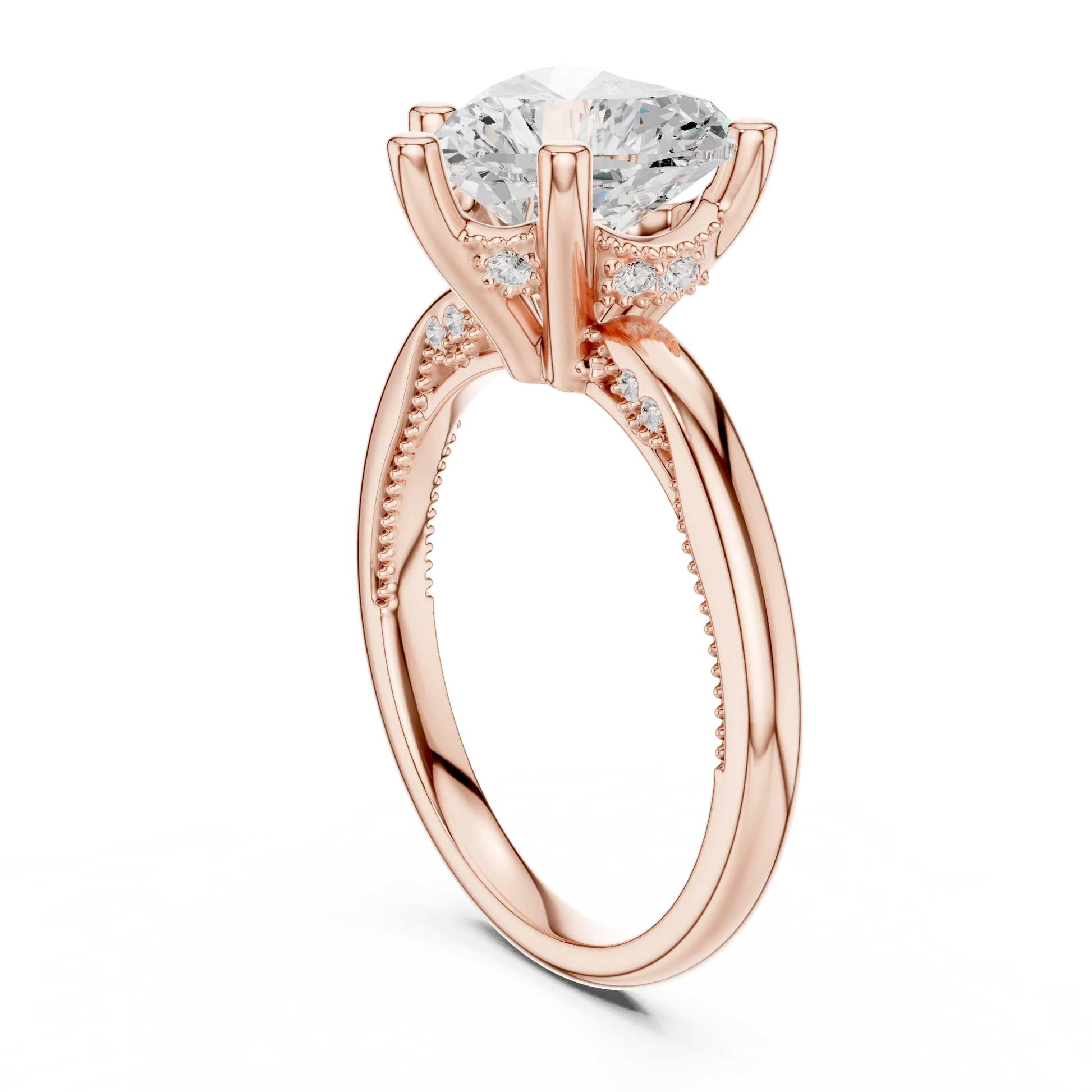 Back side view of rose gold heart cut solitaire ring showing hidden halo and domed band structure
