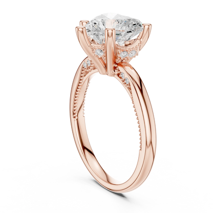 Back side view of rose gold heart cut solitaire ring showing hidden halo and domed band structure