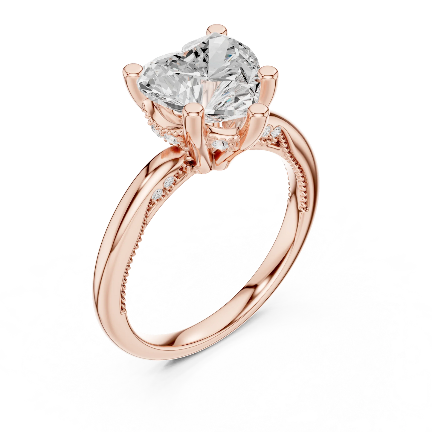 Front view of rose gold heart cut solitaire ring with hidden halo and domed band and lab-created diamond