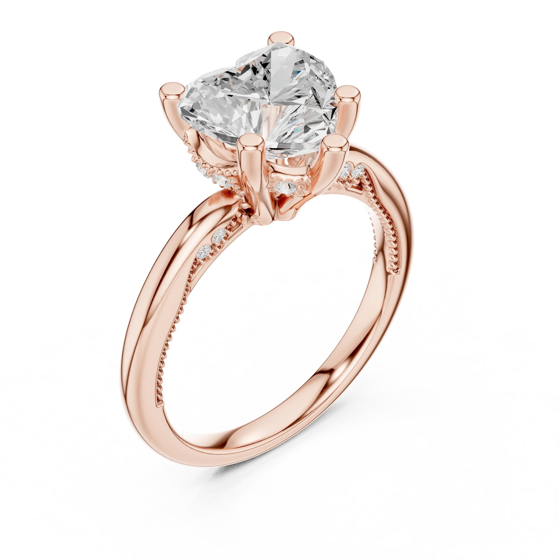 Front view of rose gold heart cut solitaire ring with hidden halo and domed band and lab-created diamond