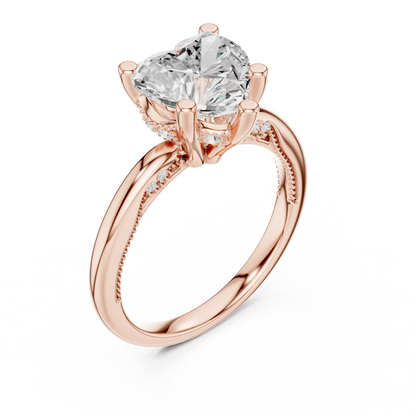 Front view of rose gold heart cut solitaire ring with hidden halo and domed band and lab-created diamond