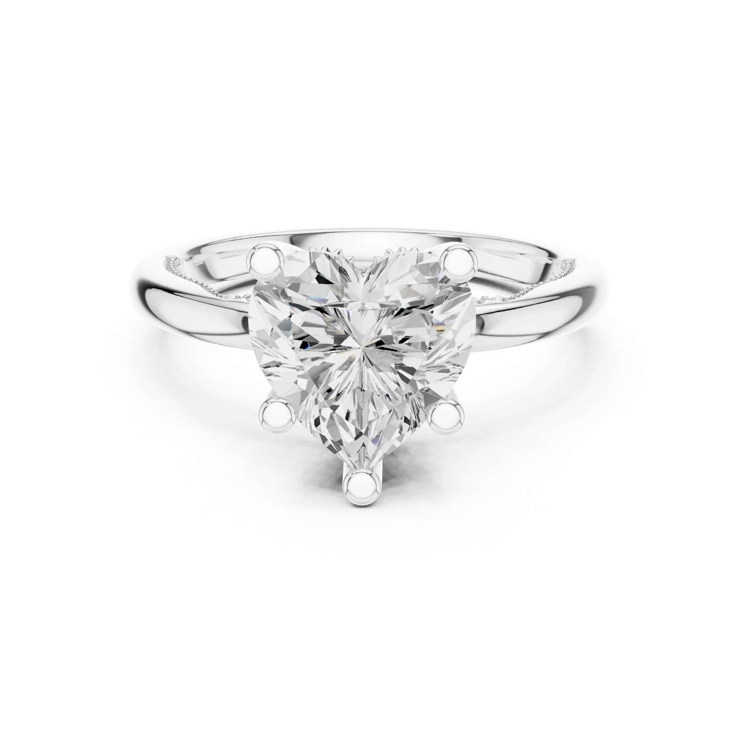 White gold heart cut solitaire ring with hidden halo and domed band featuring lab-grown diamond, elegant romantic design