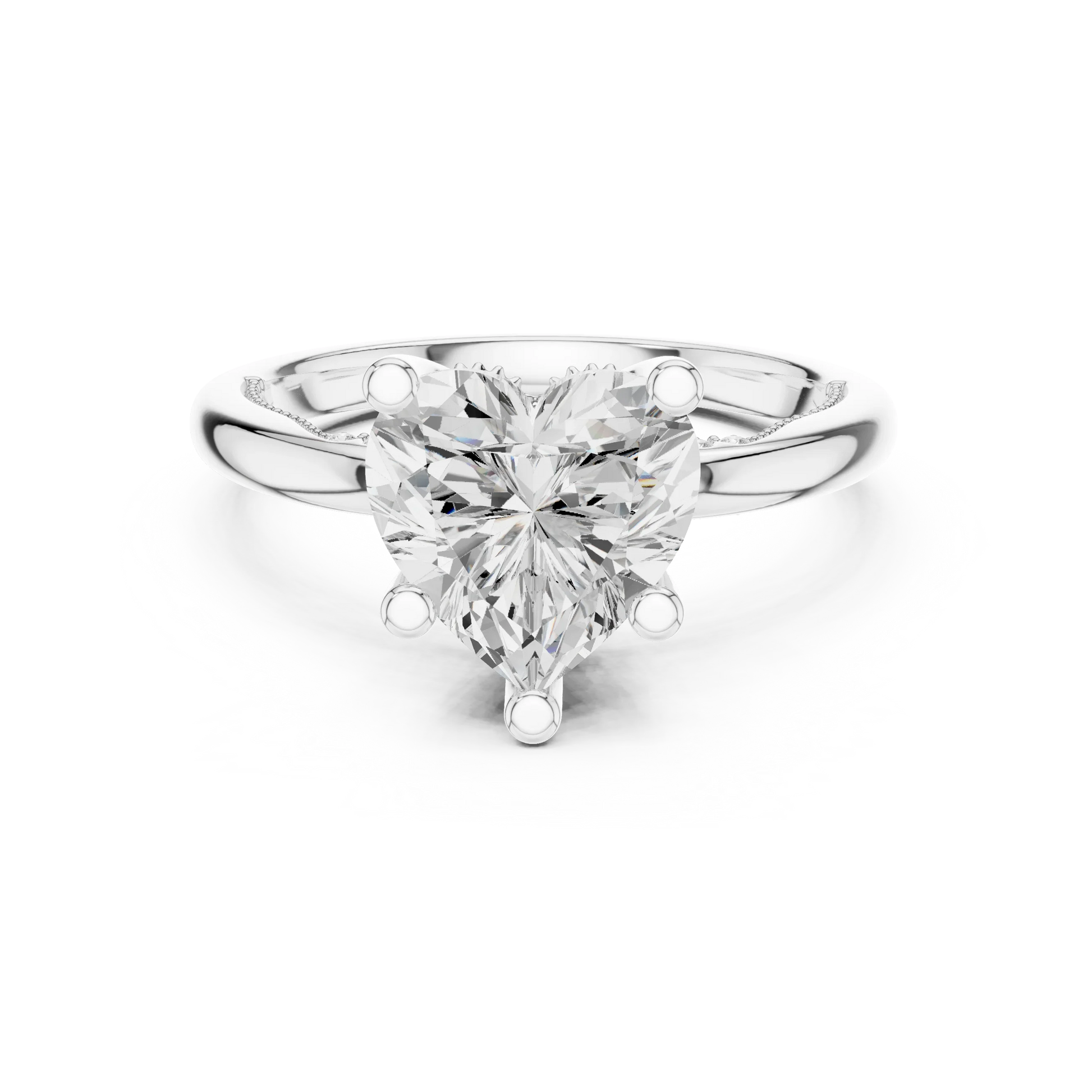 White gold heart cut solitaire ring with hidden halo and domed band featuring lab-grown diamond, elegant romantic design