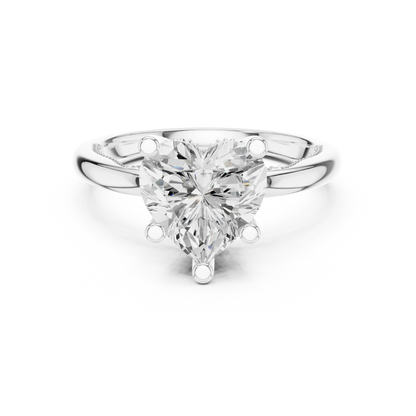 White gold heart cut solitaire ring with hidden halo and domed band featuring lab-grown diamond, elegant romantic design