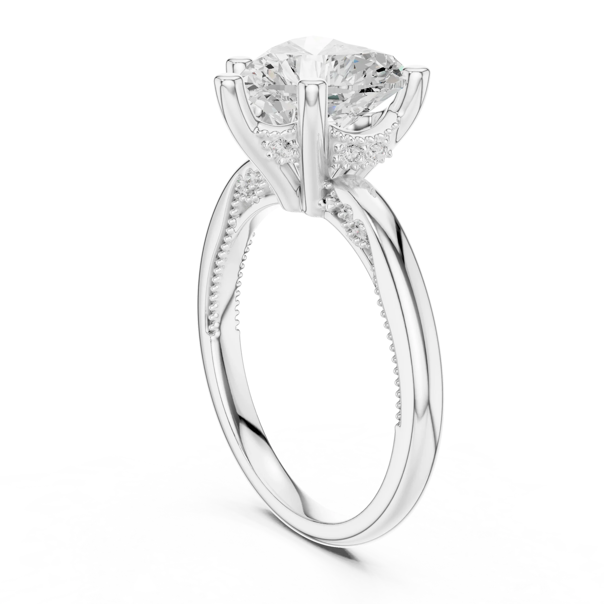 Back side view of white gold heart cut solitaire ring showing hidden halo and domed band details