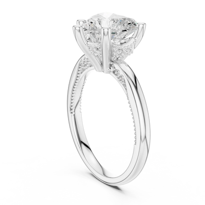 Back side view of white gold heart cut solitaire ring showing hidden halo and domed band details