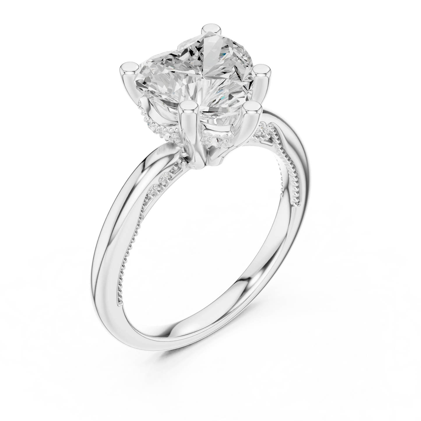 Front view of white gold heart cut solitaire ring with hidden halo and domed band and lab-created diamond