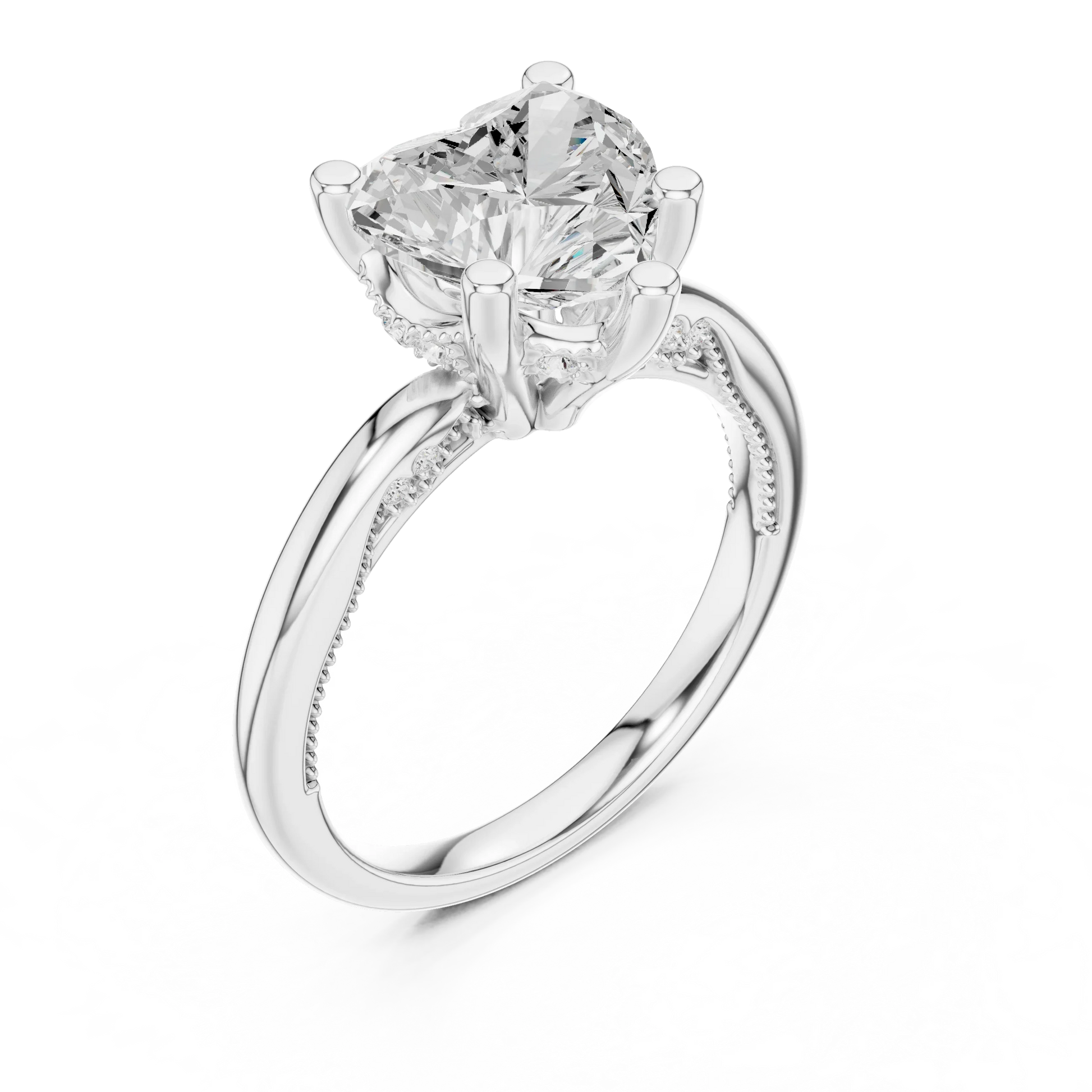 Front view of white gold heart cut solitaire ring with hidden halo and domed band and lab-created diamond