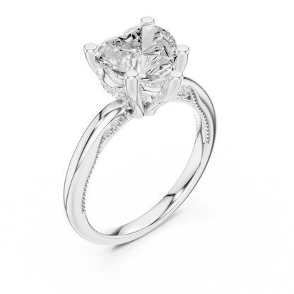 Front view of white gold heart cut solitaire ring with hidden halo and domed band and lab-created diamond