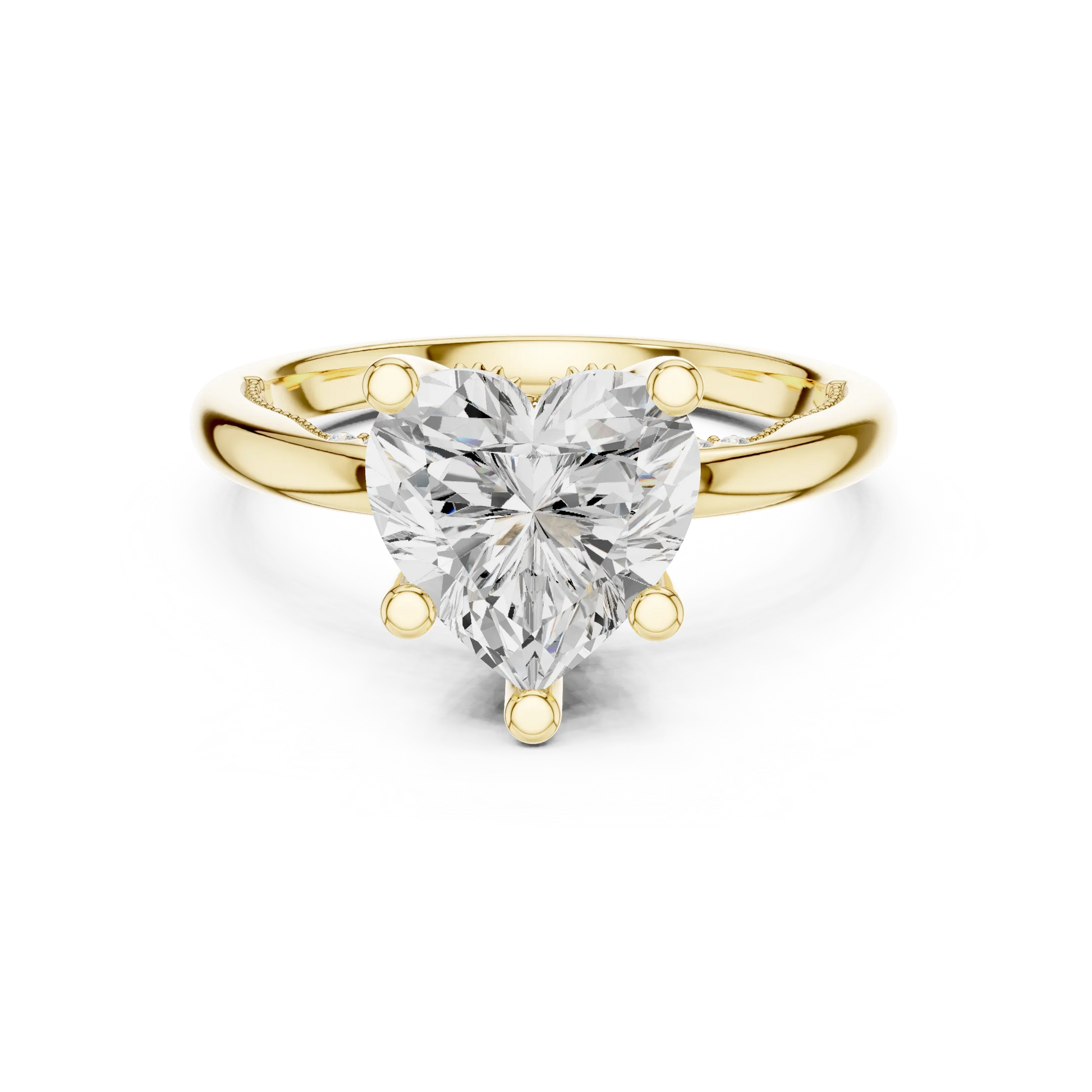 Yellow gold heart cut solitaire ring with hidden halo and domed band featuring lab-grown diamond, classic romantic style