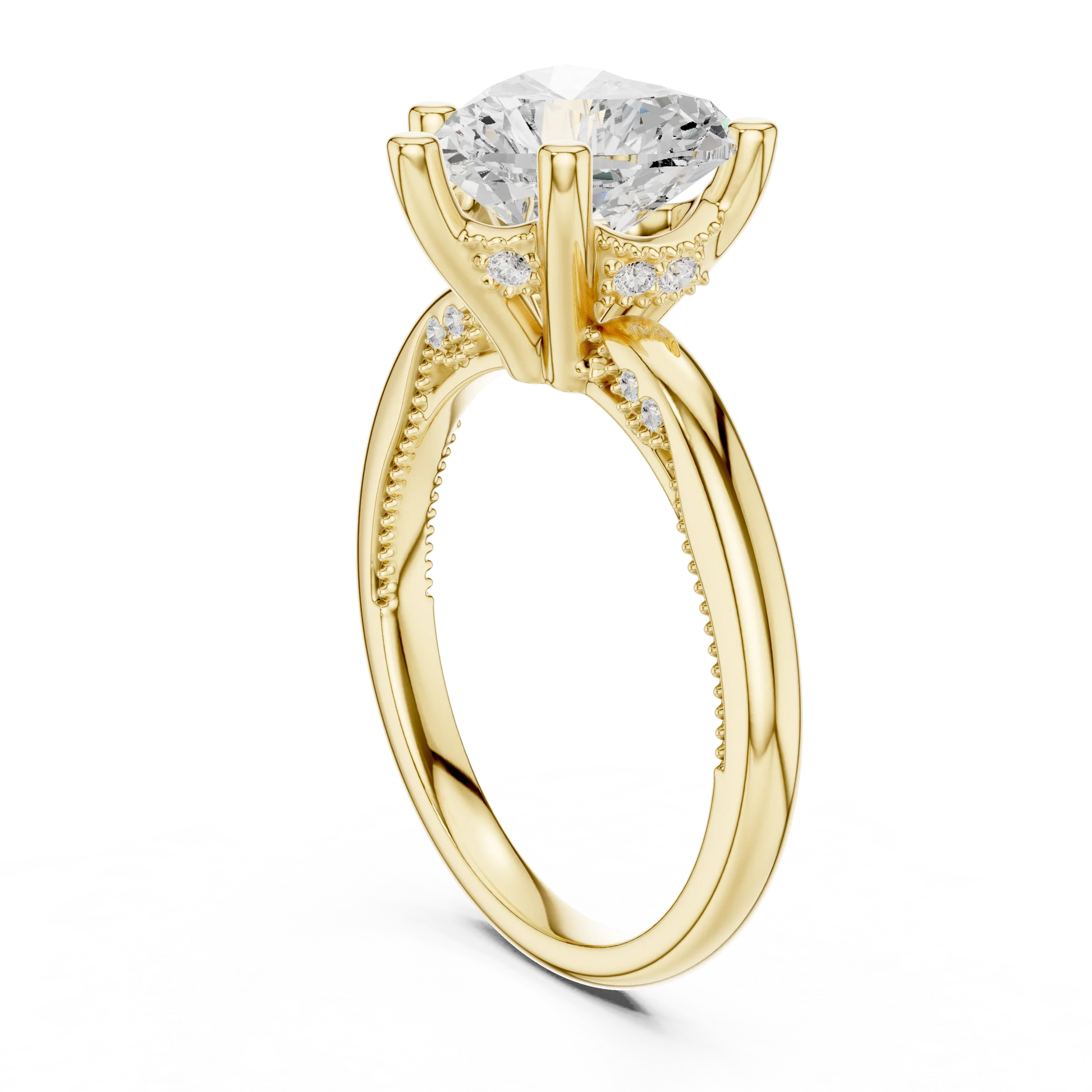 Back side view of yellow gold heart cut solitaire ring showing hidden halo and domed band details