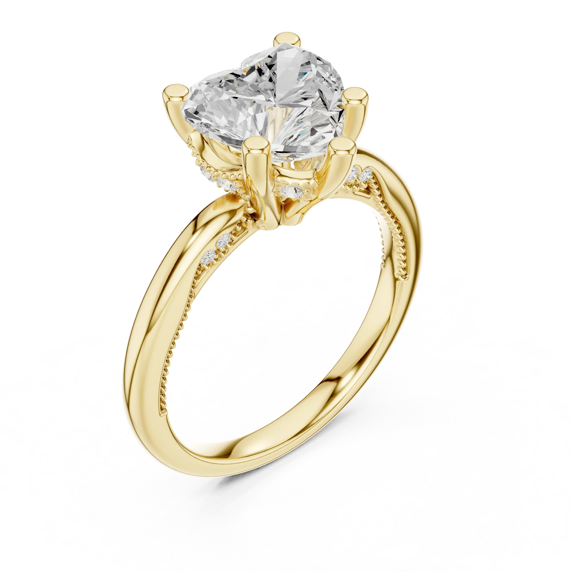 Front view of yellow gold heart cut solitaire ring with hidden halo and domed band and lab-created diamond