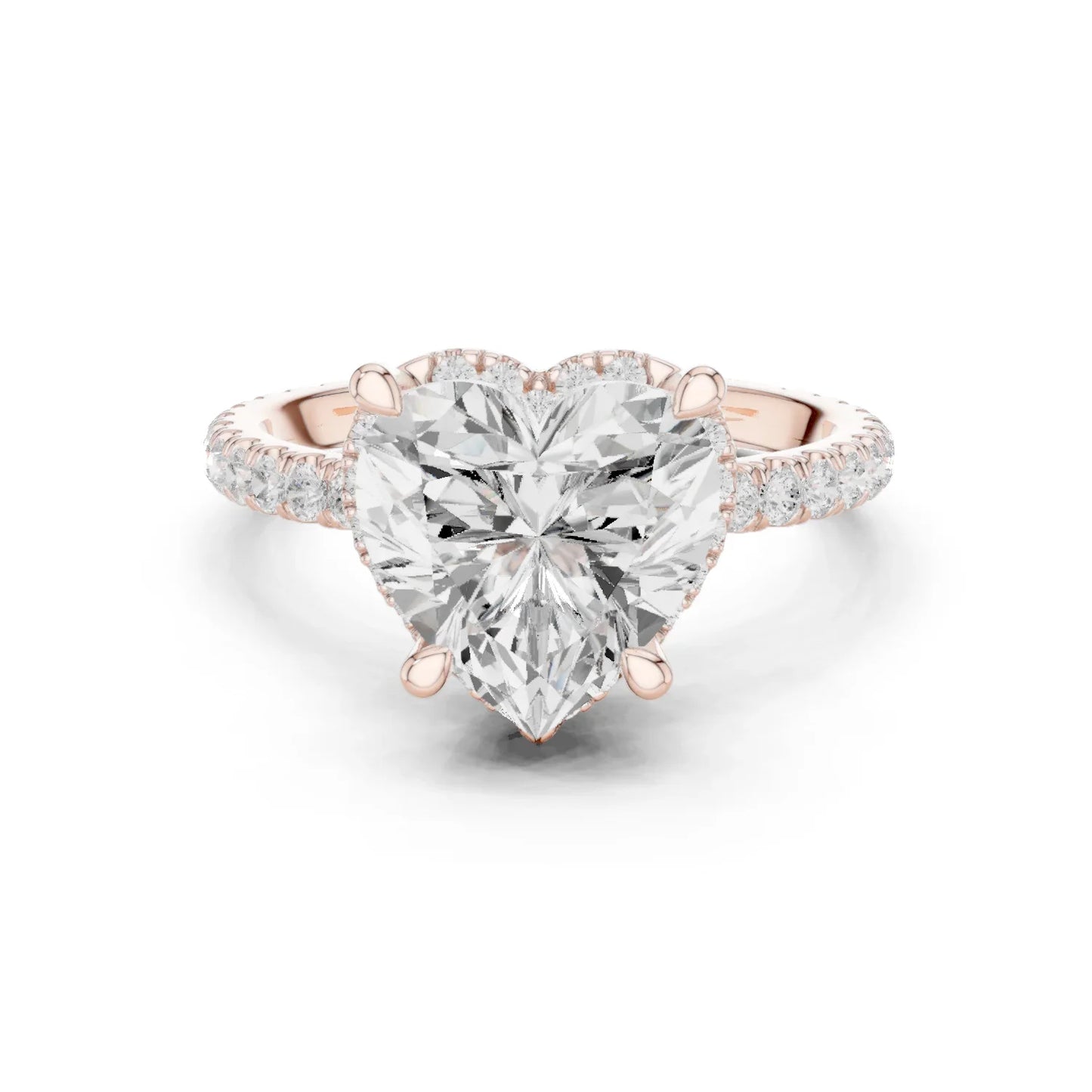 Rose gold heart cut solitaire ring with hidden halo and thin pav茅 band featuring lab-grown diamond, modern delicate look