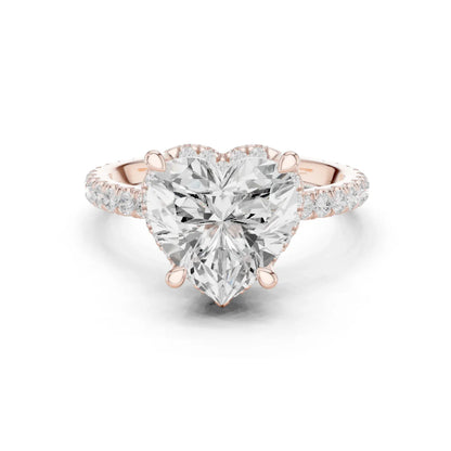 Rose gold heart cut solitaire ring with hidden halo and thin pav茅 band featuring lab-grown diamond, modern delicate look