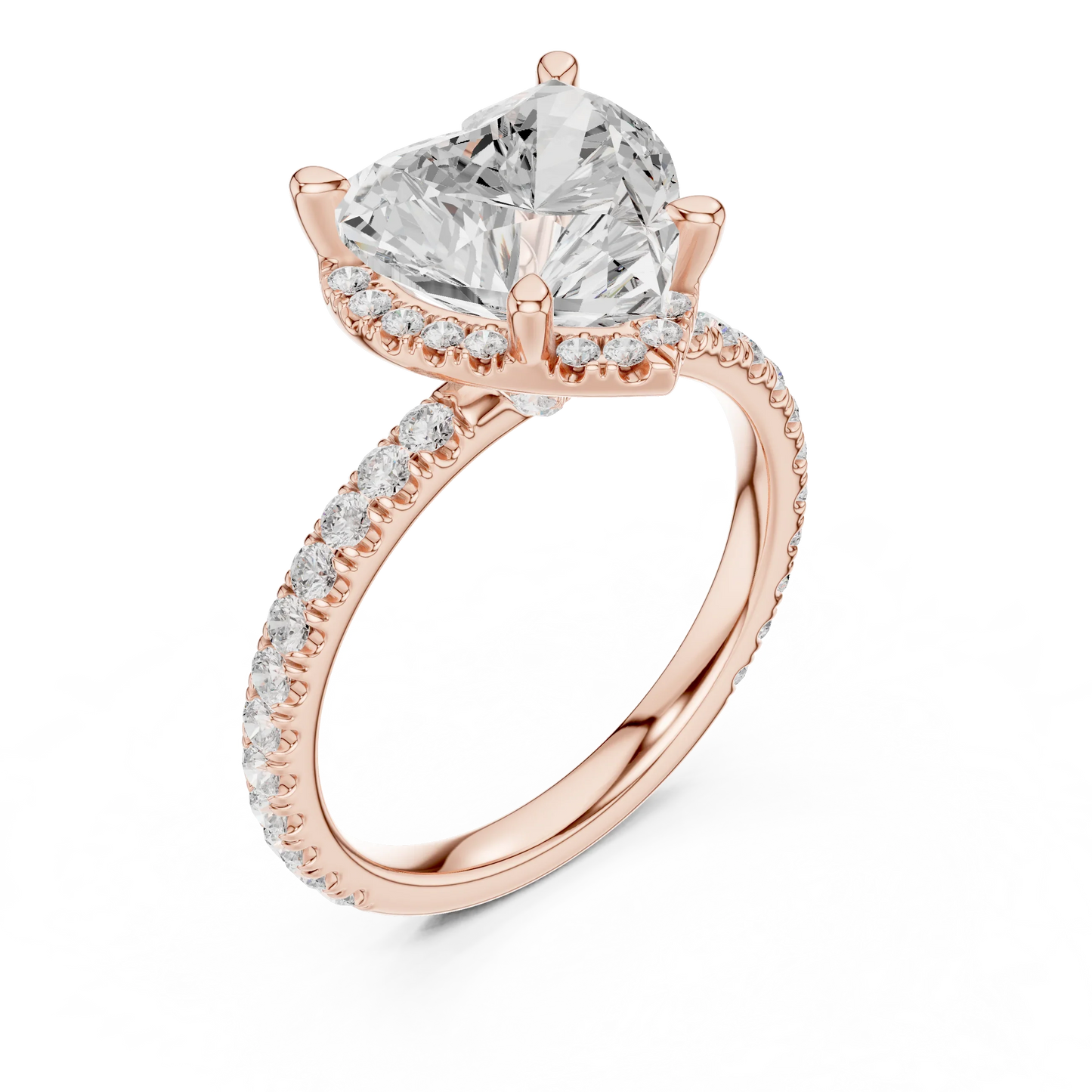 Front view of rose gold heart cut solitaire ring with hidden halo and thin pav茅 diamond band and lab-created diamond