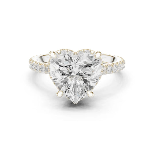 White gold heart cut solitaire ring with hidden halo and thin pav茅 band featuring lab-grown diamond, delicate romantic design