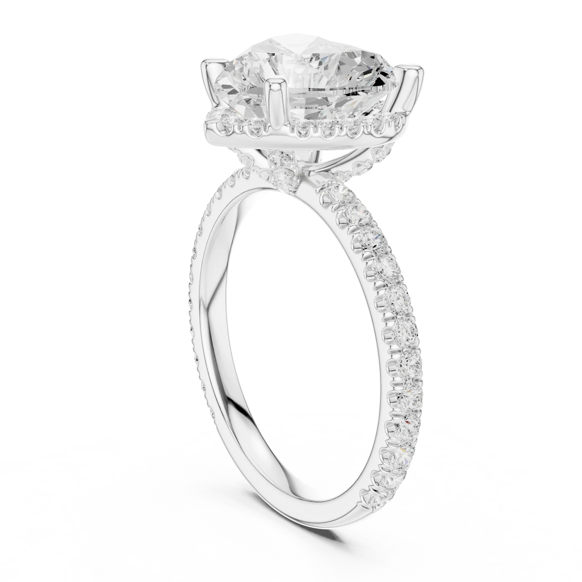 Back side view of white gold heart cut solitaire ring showing hidden halo and thin pav茅 band details