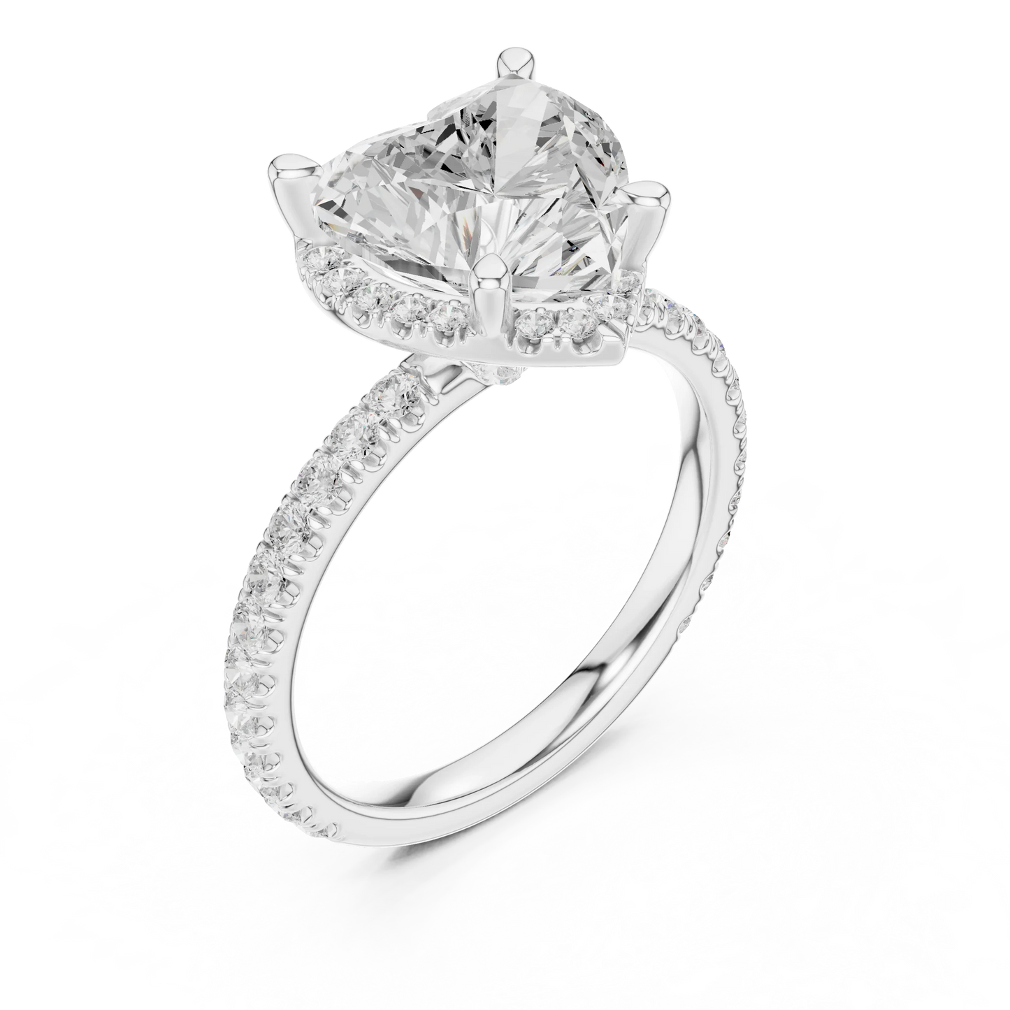 Front view of white gold heart cut solitaire ring with hidden halo and thin pav茅 diamond band and lab-created diamond