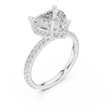 Front view of white gold heart cut solitaire ring with hidden halo and thin pav茅 diamond band and lab-created diamond