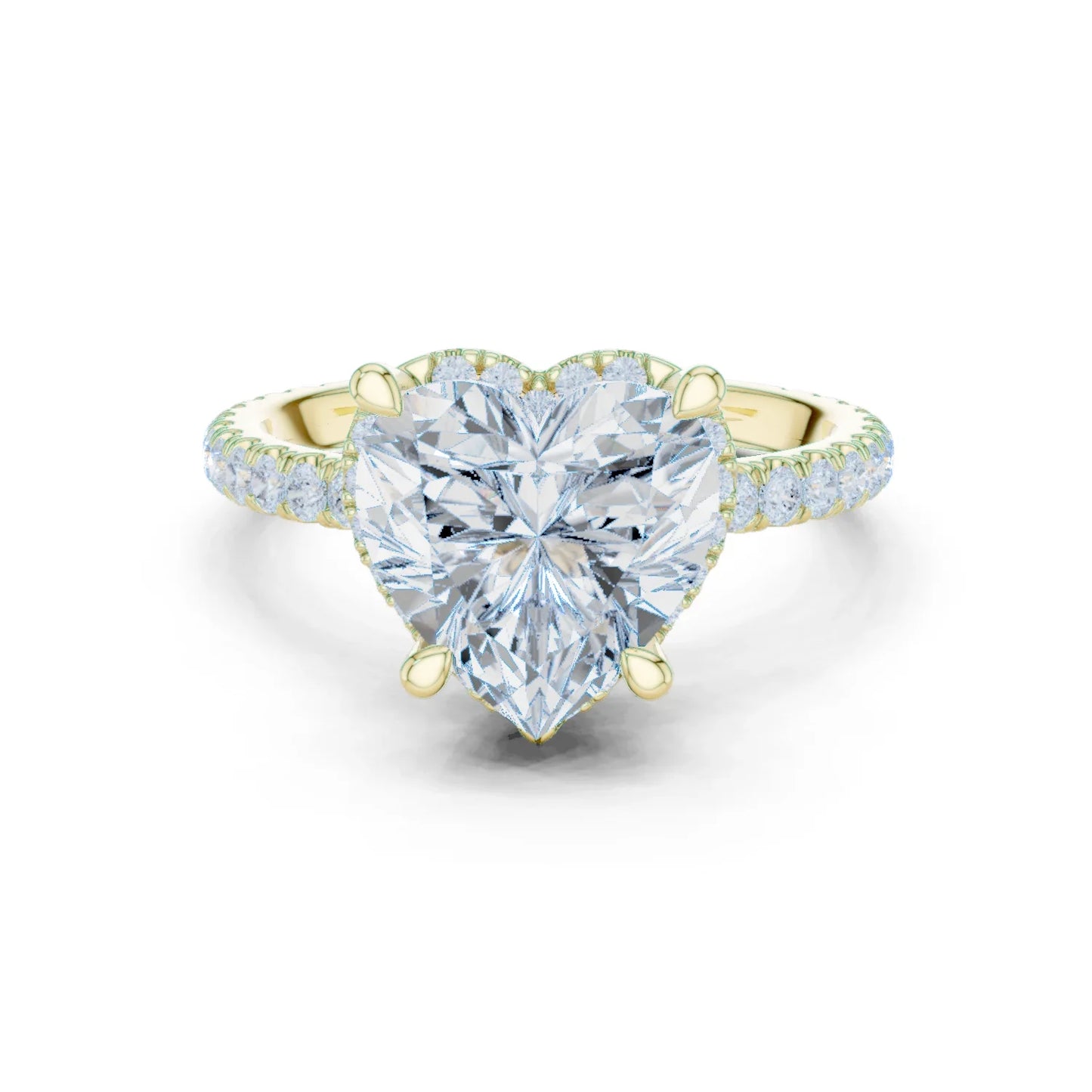 Yellow gold heart cut solitaire ring with hidden halo and thin pav茅 band featuring lab-grown diamond, classic romantic style