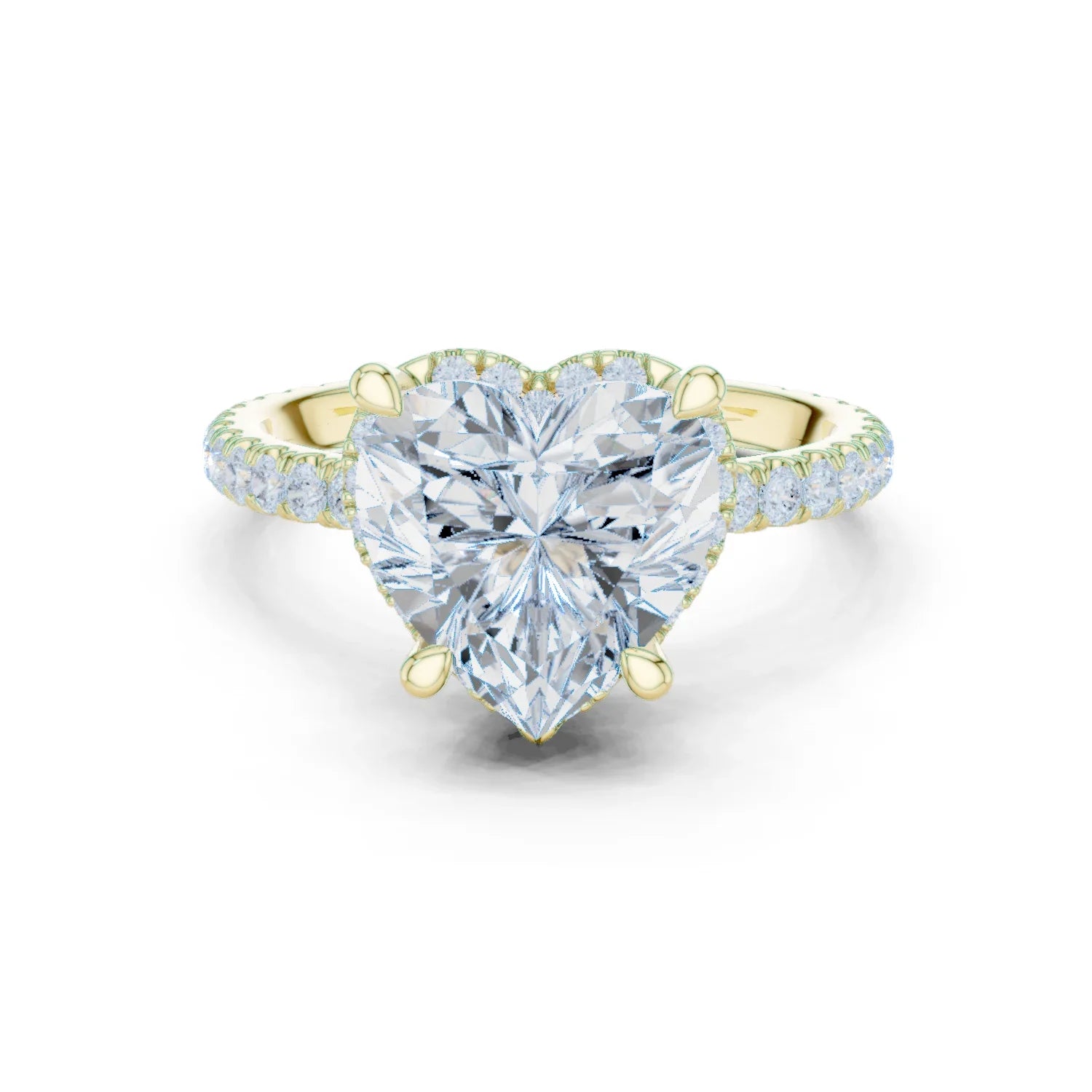 Yellow gold heart cut solitaire ring with hidden halo and thin pav茅 band featuring lab-grown diamond, classic romantic style