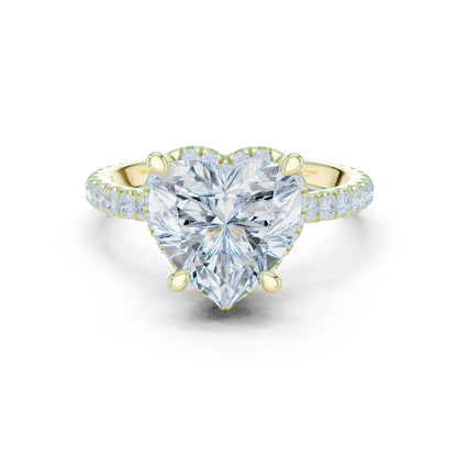 Yellow gold heart cut solitaire ring with hidden halo and thin pav茅 band featuring lab-grown diamond, classic romantic style