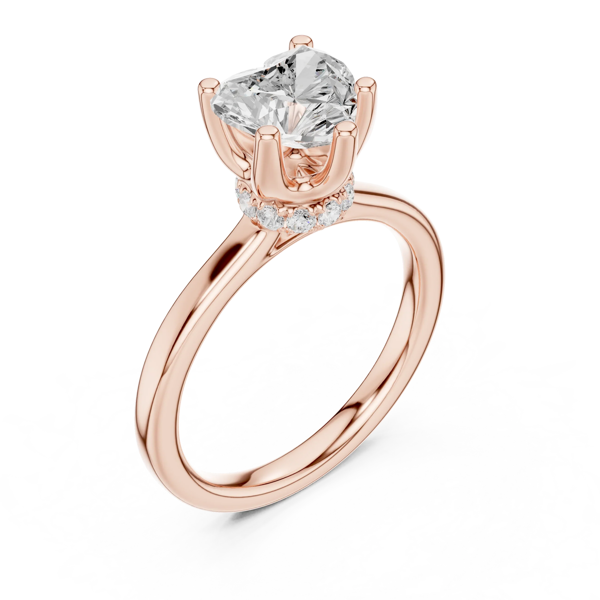 Front view of rose gold heart cut solitaire ring with hidden halo and domed band and lab-created diamond