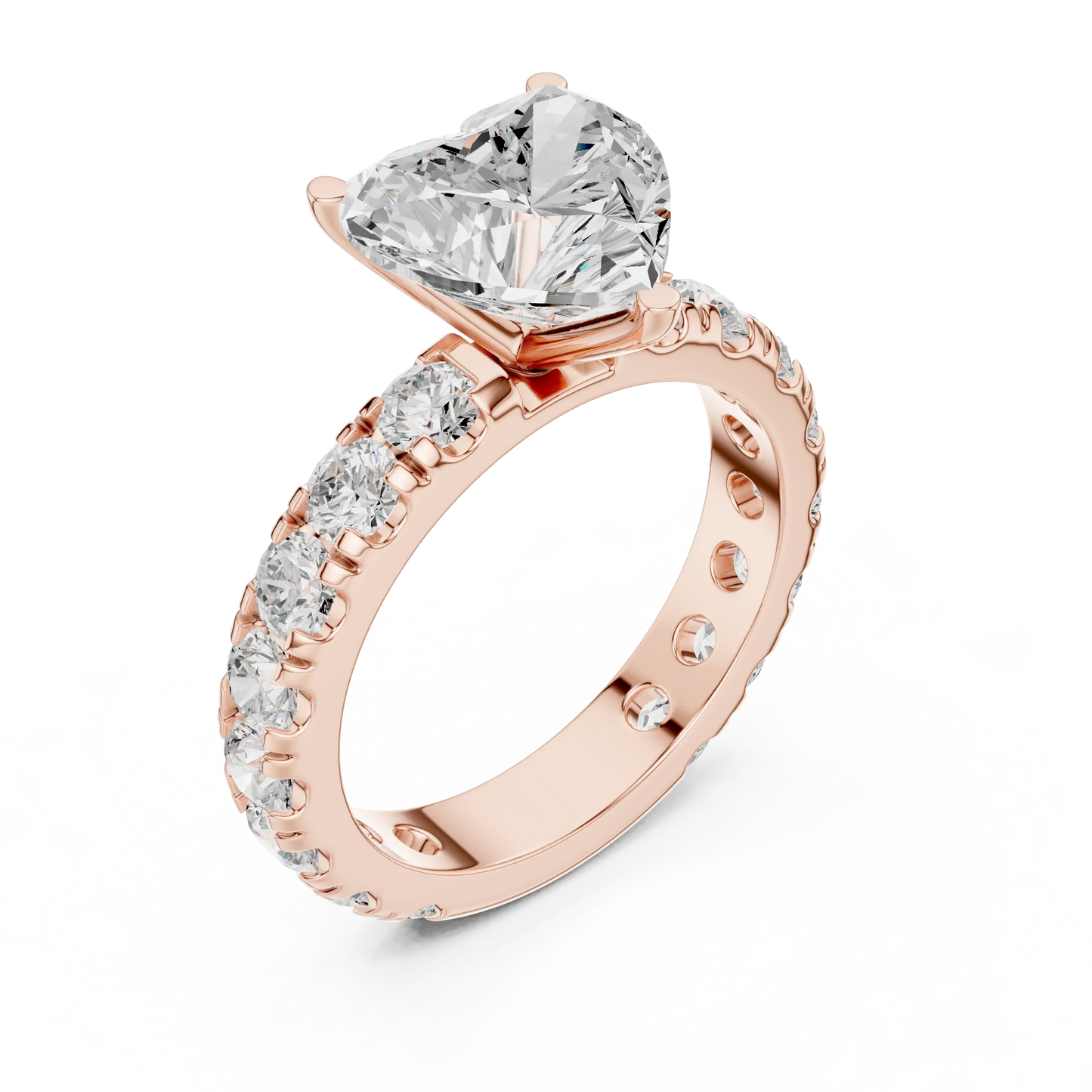 Front view of rose gold heart solitaire ring with pave band and lab-grown diamond – Australia